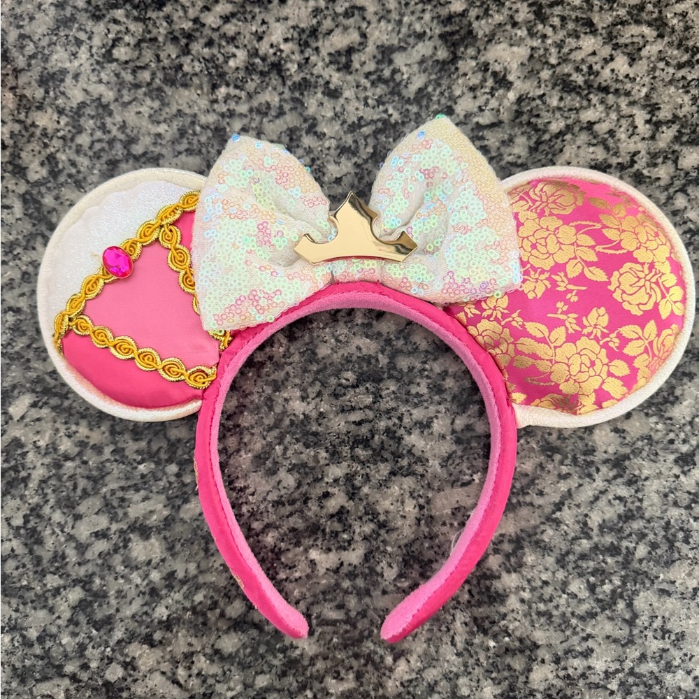 Pink Sequin Bow Princess Ear Headband with Gold Crown Accent